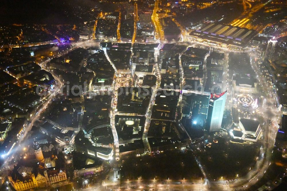 Leipzig at night from above - Night lighting Old Town area and city center in the district Zentrum in Leipzig in the state Saxony, Germany