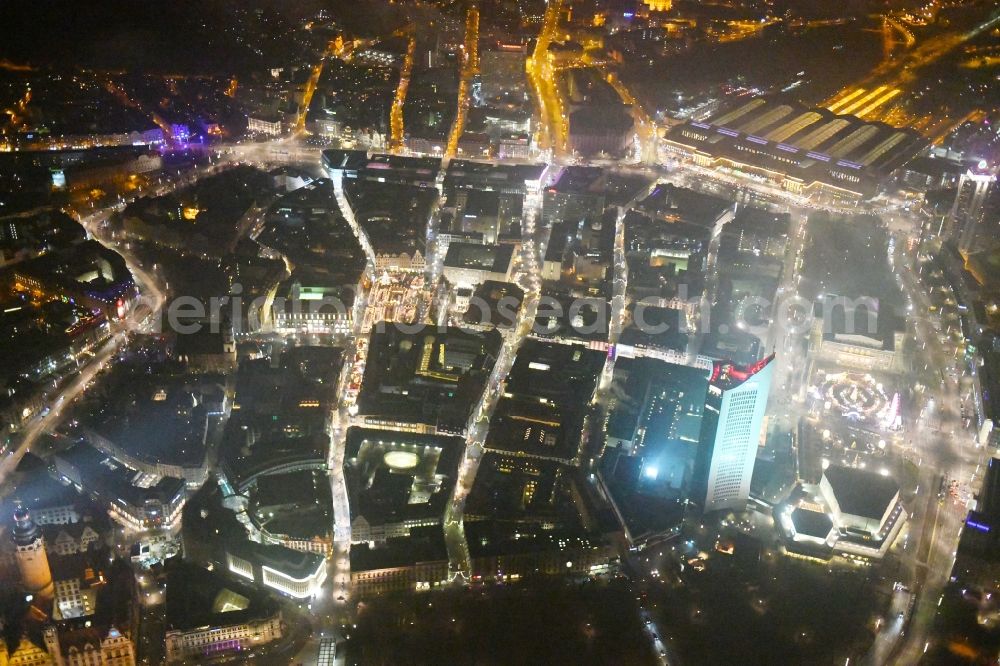 Leipzig at night from the bird perspective: Night lighting Old Town area and city center in the district Zentrum in Leipzig in the state Saxony, Germany