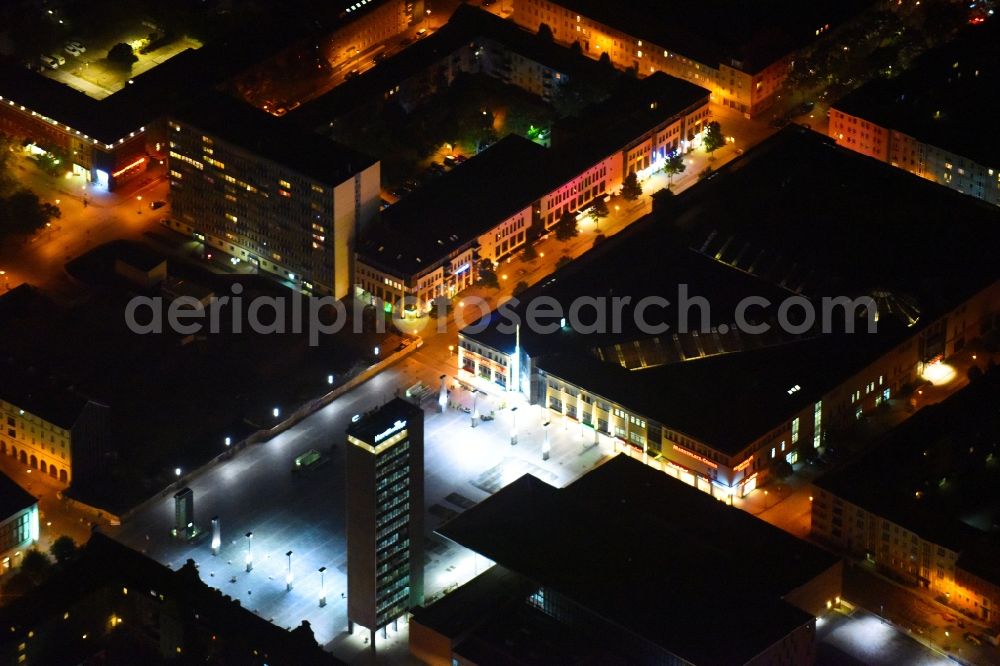 Neubrandenburg at night from above - Night lighting Old Town area and city center on Marktplatz in Neubrandenburg in the state Mecklenburg - Western Pomerania, Germany