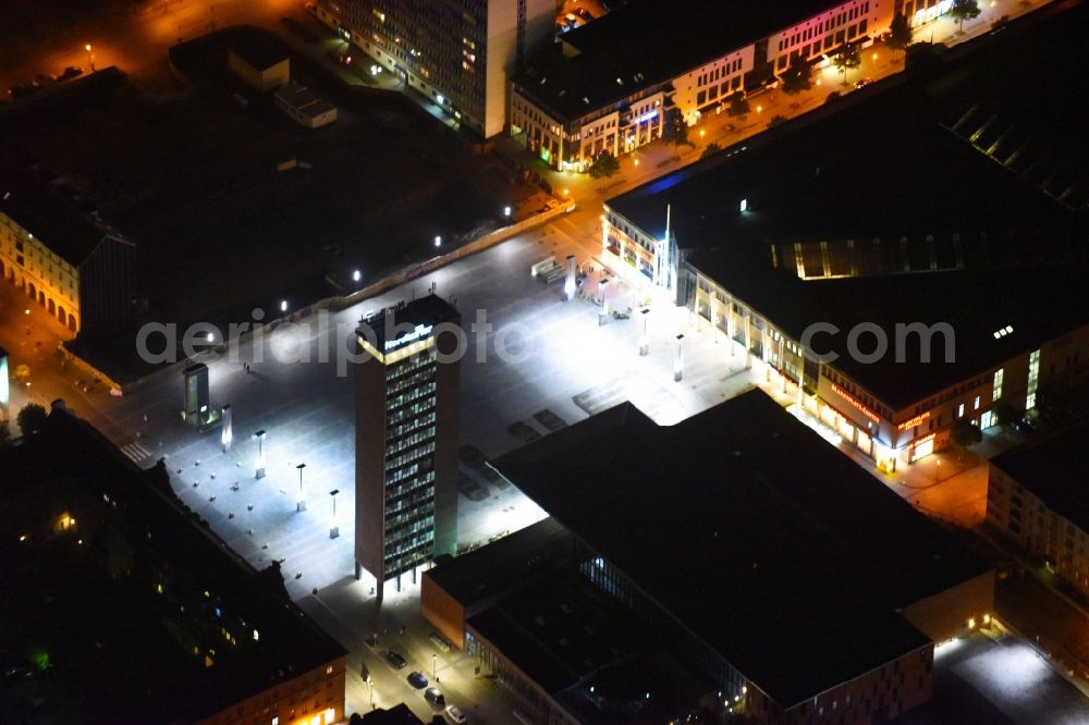 Neubrandenburg at night from above - Night lighting Old Town area and city center on Marktplatz in Neubrandenburg in the state Mecklenburg - Western Pomerania, Germany