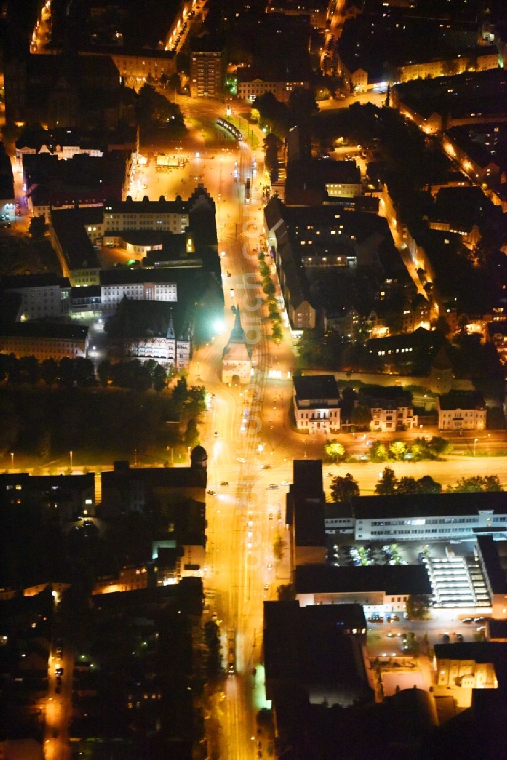 Aerial photograph at night Rostock - Night lighting Old Town area and city center in Rostock in the state Mecklenburg - Western Pomerania, Germany