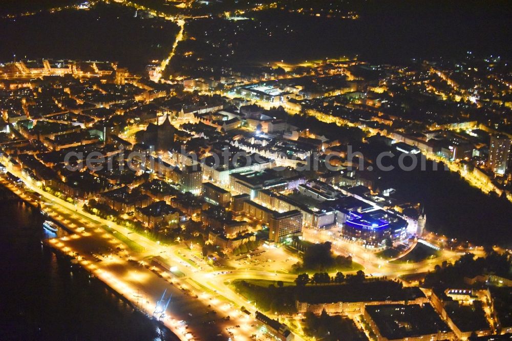 Rostock at night from above - Night lighting Old Town area and city center in Rostock in the state Mecklenburg - Western Pomerania, Germany