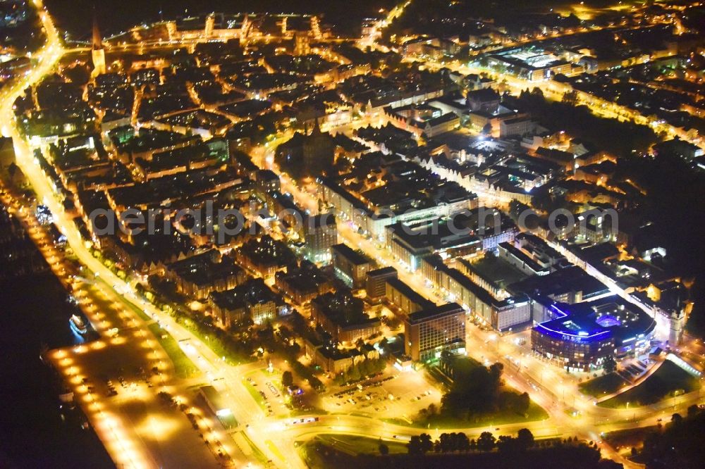 Rostock at night from the bird perspective: Night lighting Old Town area and city center in Rostock in the state Mecklenburg - Western Pomerania, Germany