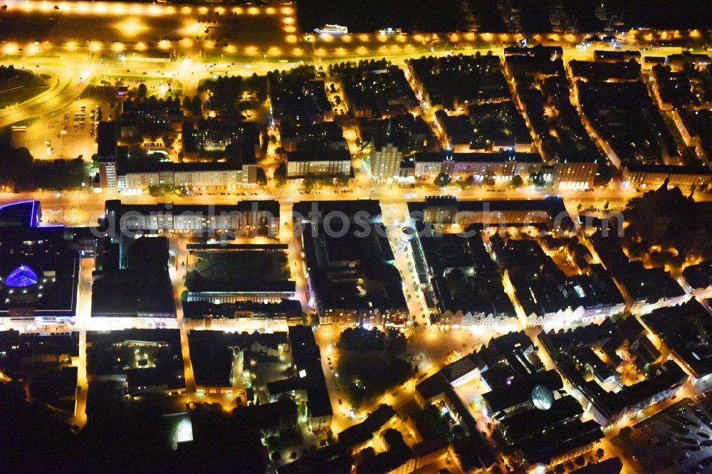 Aerial photograph at night Rostock - Night lighting Old Town area and city center in Rostock in the state Mecklenburg - Western Pomerania, Germany