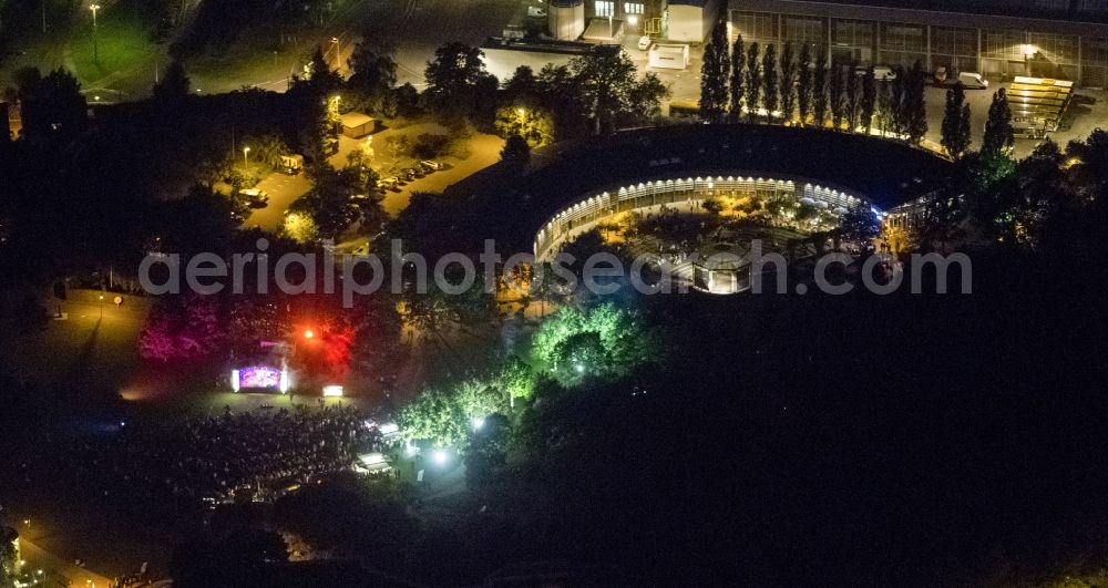 Aerial photograph at night Mülheim - The roundhouse in Mülheim an der Ruhr is a place for cultural projects became the independent scene - theater, music, dance, performance, reading - and the venue of the major festivals in the Ruhr, the Ruhr Triennale in Mülheim and pieces of stimuli