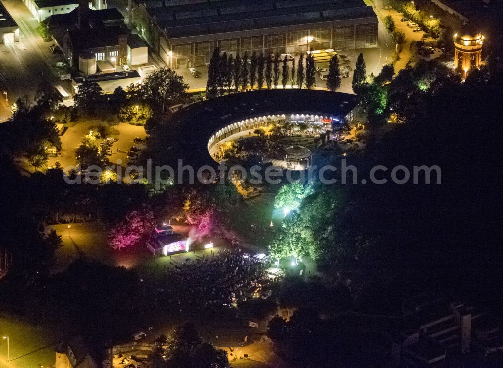 Aerial image at night Mülheim - The roundhouse in Mülheim an der Ruhr is a place for cultural projects became the independent scene - theater, music, dance, performance, reading - and the venue of the major festivals in the Ruhr, the Ruhr Triennale in Mülheim and pieces of stimuli