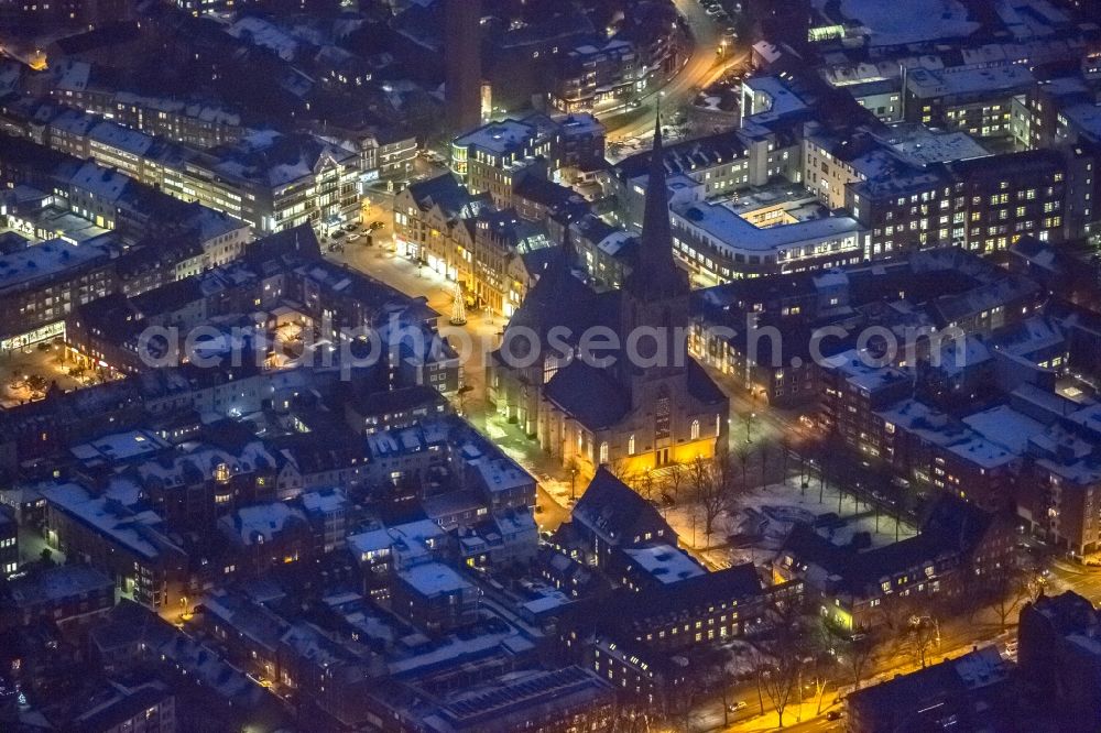 Wesel at night from above - Night aerial photograph of Willibrordi Cathedral of Wesel in North Rhine-Westphalia