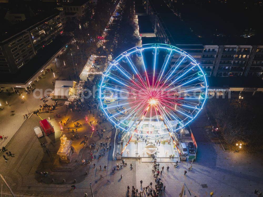 Aerial image at night Dresden - Night lights and illumination Augustusmarkt with Ferris wheel on street Schlossstrasse in the district Altstadt in Dresden in the state of Saxony, Germany