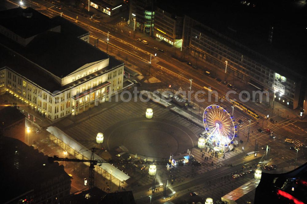 Aerial photograph at night Leipzig - Nachtaufnahme des Augustusplatzes vor der Oper mit dem Weihnachtsrad. Night shot of Augustusplatz in front of the opera with the Christmas Wheel.