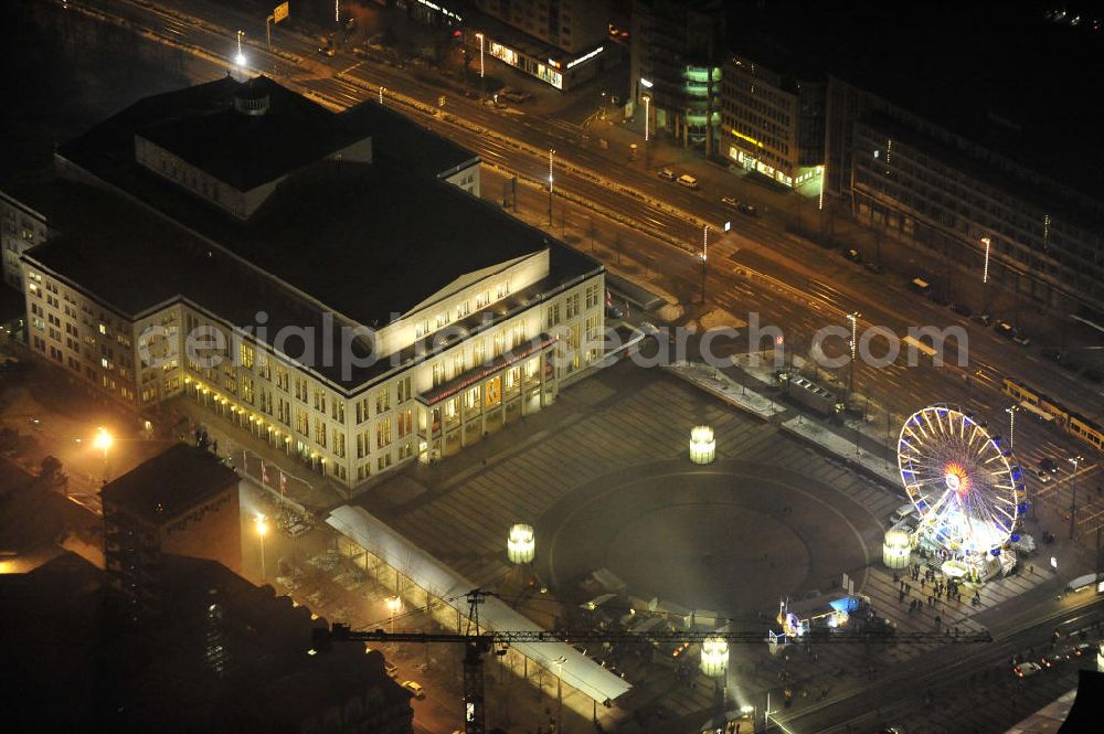 Aerial image at night Leipzig - Nachtaufnahme des Augustusplatzes vor der Oper mit dem Weihnachtsrad. Night shot of Augustusplatz in front of the opera with the Christmas Wheel.