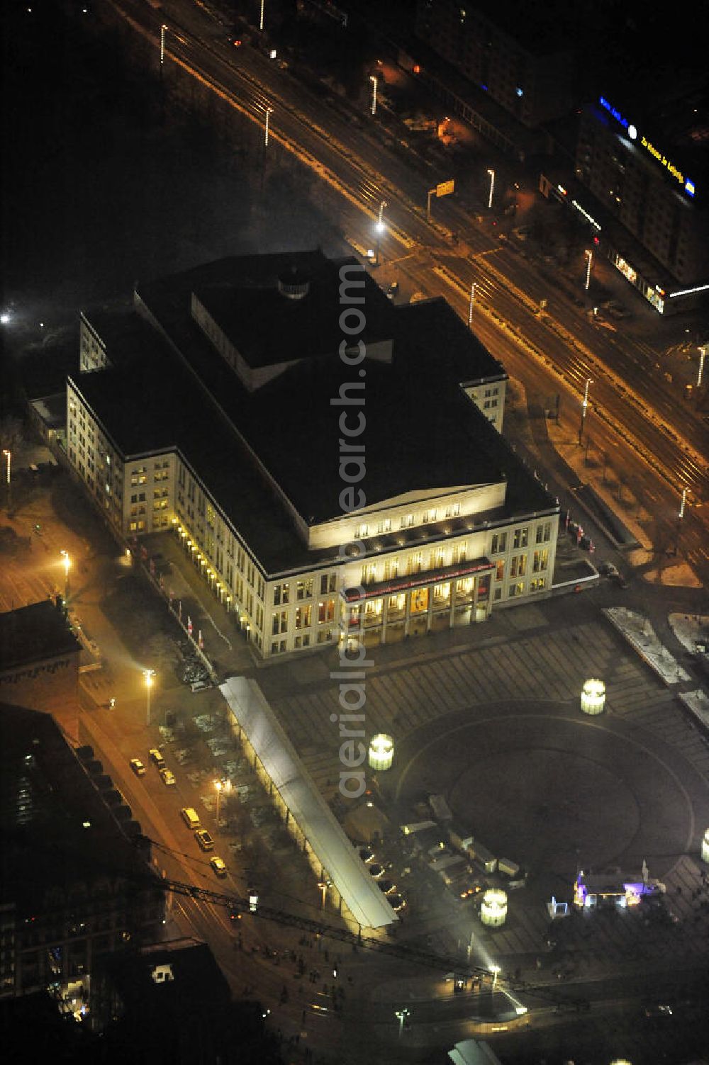 Aerial image at night Leipzig - Nachtaufnahme des Augustusplatzes vor der Oper mit dem Weihnachtsrad. Night shot of Augustusplatz in front of the opera with the Christmas Wheel.