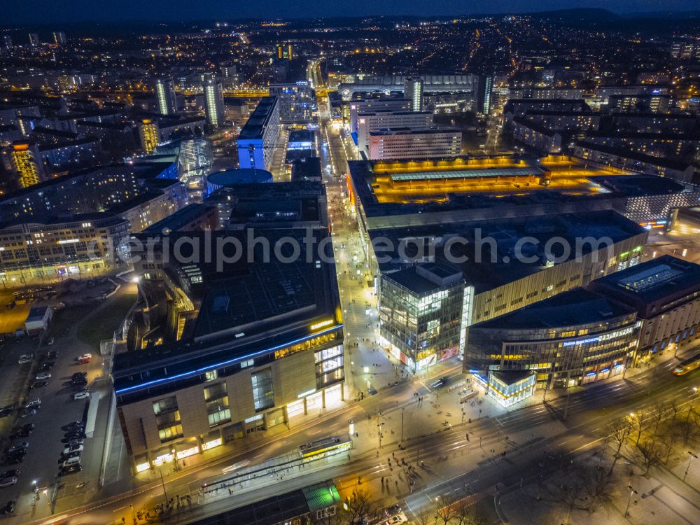 Aerial photograph at night Dresden - Night lighting parking and storage space for automobiles on place Ferdinandplatz in Dresden in the state Saxony, Germany