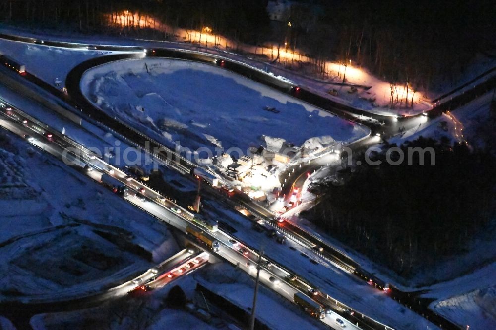 Wildenbruch at night from above - Night view Motorway Construction and wheel spacers along the route of the motorway A10 to 8-lane track extension in Michendorf in Brandenburg