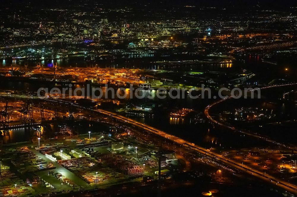 Hamburg at night from above - Night lighting highway route BAB A7 in in the district Waltershof in Hamburg, Germany