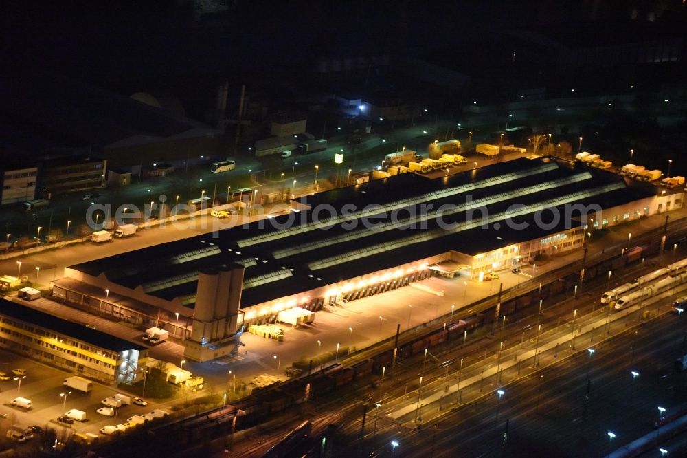 Frankfurt am Main at night from above - Night view Railway depot and repair shop for maintenance and repair of trains of passenger transport ICE Werk Griesheim in Frankfurt in the state Hesse