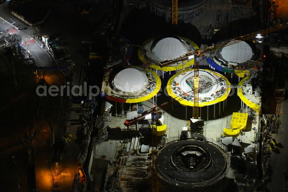 Stuttgart at night from the bird perspective: Night lighting building of the main station of the railway and construction site for the development project Stuttgart 21 in Stuttgart in the state of Baden-Wurttemberg