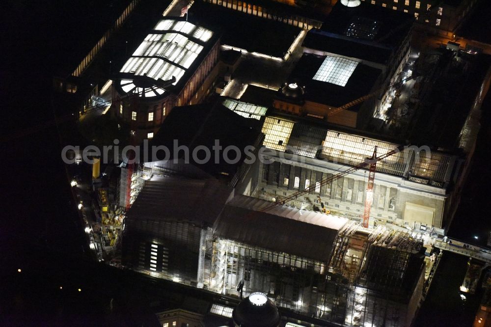 Aerial photograph at night Berlin - Nught view Museum Island with the Bode Museum, the Pergamon Museum, the Old National Gallery, the Colonnades and the New Museum. The complex is a World Heritage site by UNESCO