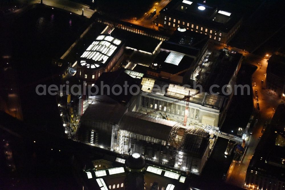 Aerial image at night Berlin - Nught view Museum Island with the Bode Museum, the Pergamon Museum, the Old National Gallery, the Colonnades and the New Museum. The complex is a World Heritage site by UNESCO