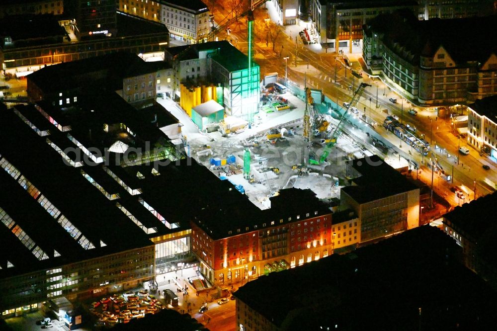 München at night from above - Night lighting construction work for the reconstruction of the station building of Central Stationes in the district Ludwigsvorstadt-Isarvorstadt in Munich in the state Bavaria, Germany