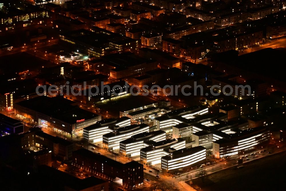 Berlin at night from above - Night lighting construction site to build a new office and commercial building Allianz Campus Berlin in the district Johannisthal - Adlershof in Berlin