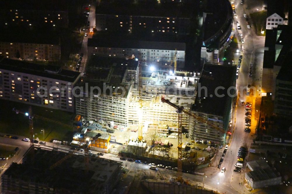 Dresden at night from above - Night lighting Construction site to build a new multi-family residential complex Residenz on Postplatz of Consus Real Estate AG (ehemals CG Gruppe AG) on Annenstrasse in the district Altstadt in Dresden in the state Saxony, Germany