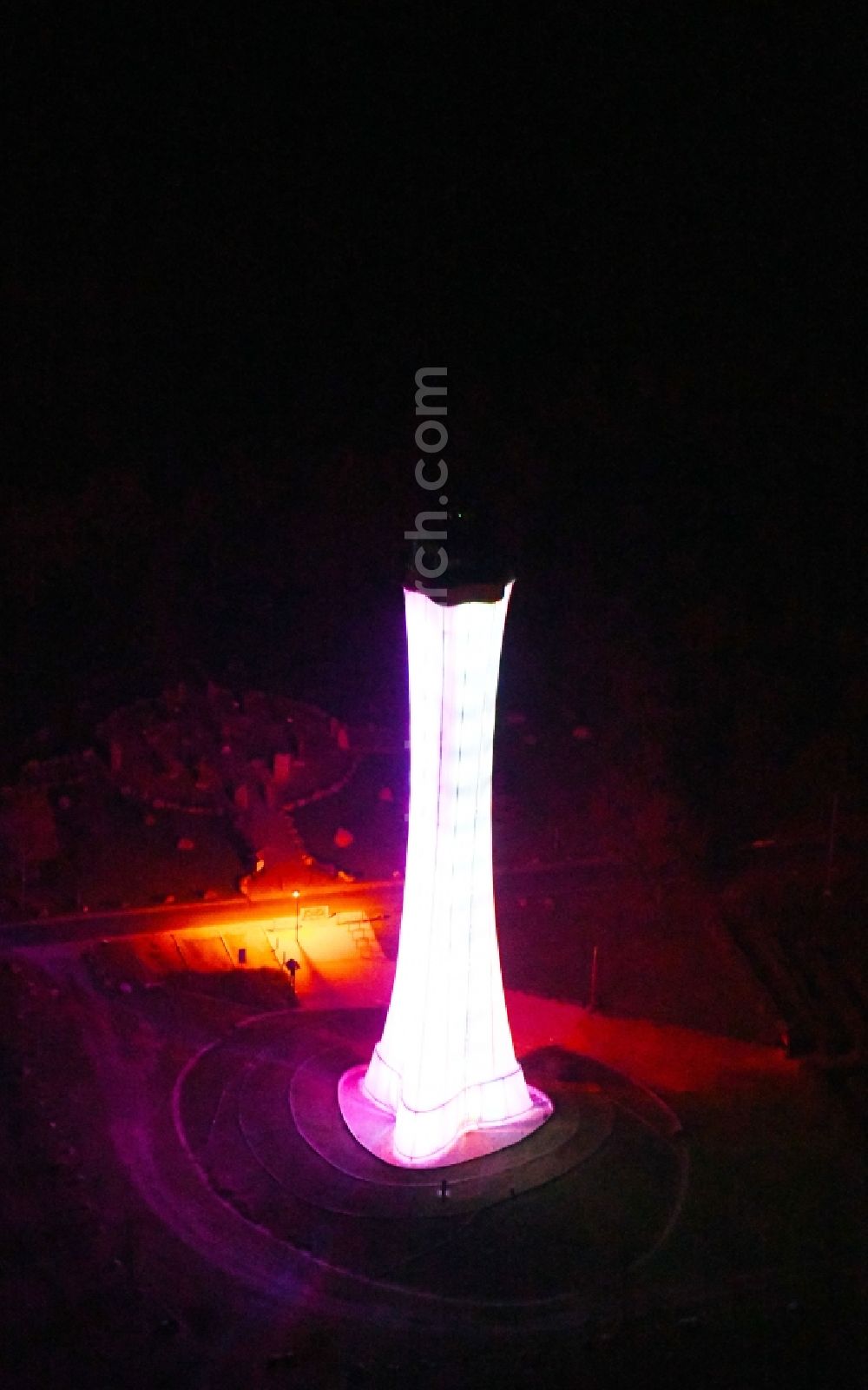 Aerial image at night Teichland - Night lighting structure of the observation tower Baerenbruecker Hoehe in Teichland in the state Brandenburg, Germany