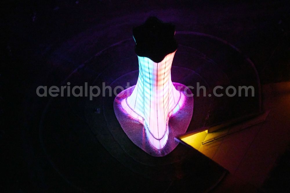 Aerial image at night Teichland - Night lighting structure of the observation tower Baerenbruecker Hoehe in Teichland in the state Brandenburg, Germany