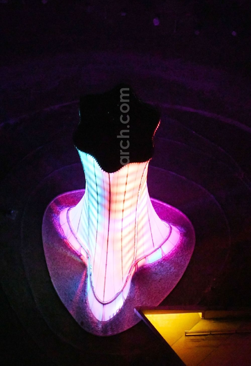 Teichland at night from above - Night lighting structure of the observation tower Baerenbruecker Hoehe in Teichland in the state Brandenburg, Germany