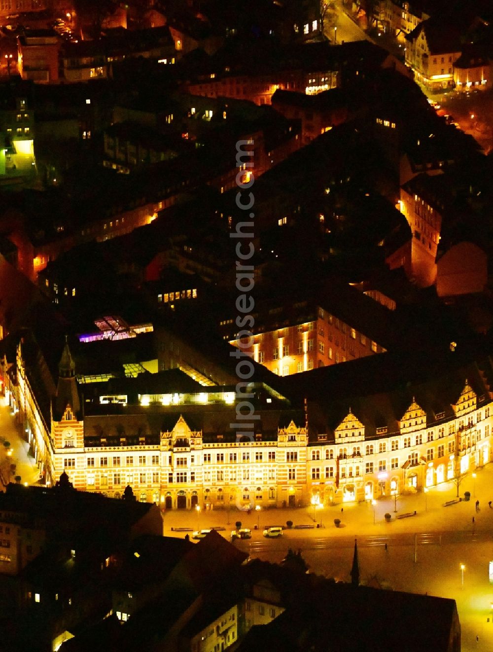 Erfurt at night from above - Night lighting street guide of famous promenade and shopping street Anger in the district Zentrum in Erfurt in the state Thuringia, Germany