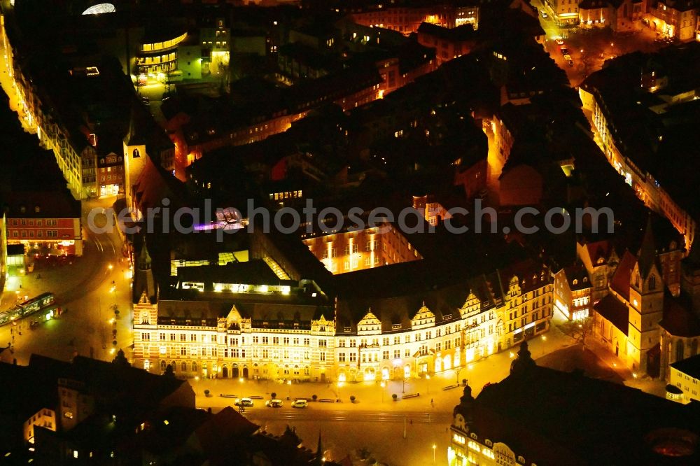 Aerial image at night Erfurt - Night lighting street guide of famous promenade and shopping street Anger in the district Zentrum in Erfurt in the state Thuringia, Germany