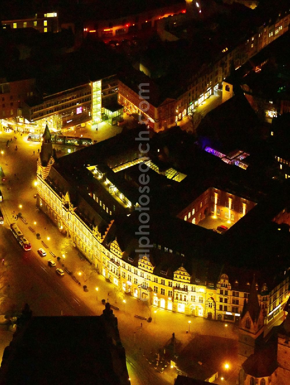 Aerial photograph at night Erfurt - Night lighting street guide of famous promenade and shopping street Anger in the district Zentrum in Erfurt in the state Thuringia, Germany