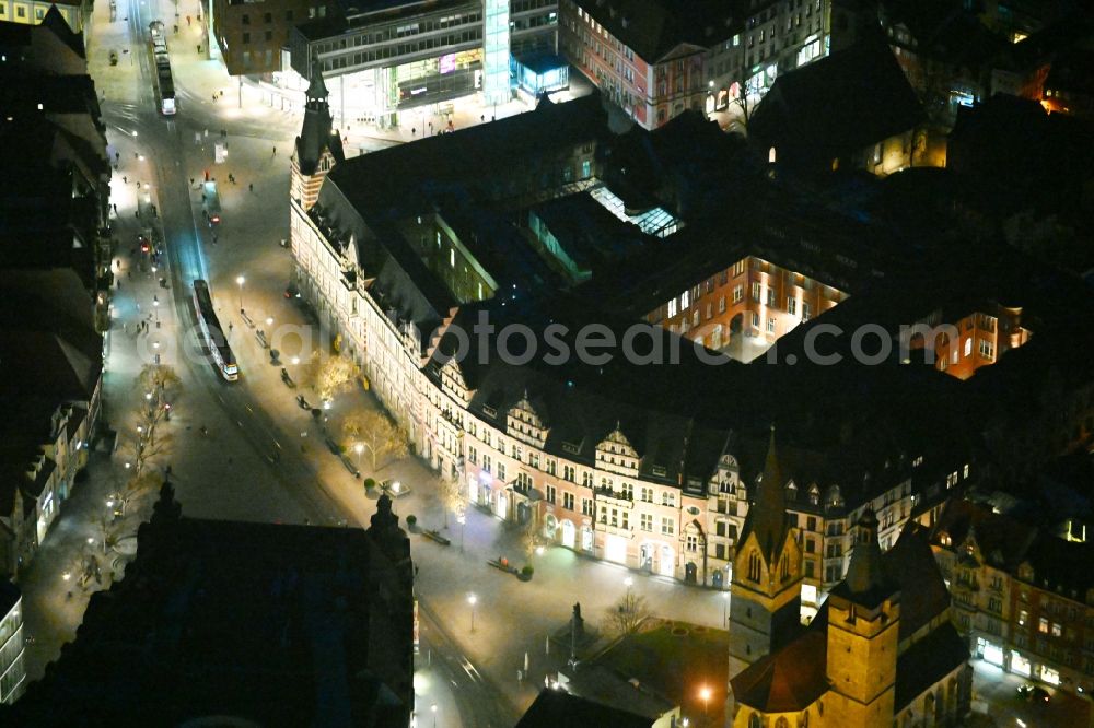 Erfurt at night from above - Night lighting street guide of famous promenade and shopping street Anger in the district Zentrum in Erfurt in the state Thuringia, Germany