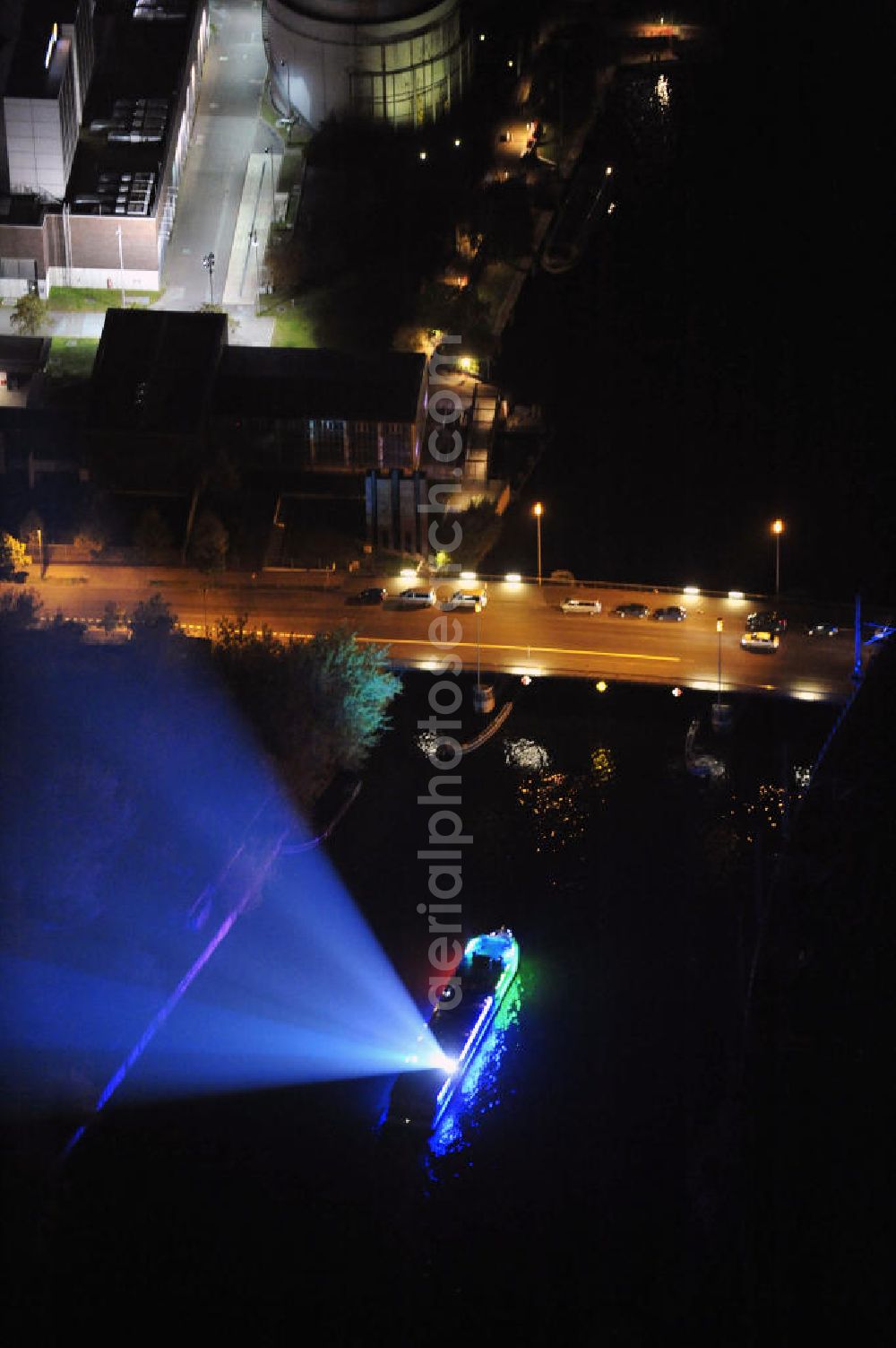 Aerial photograph at night Berlin - Nachtaufnahme. Sicht auf die Fahrt eines Lichtsschiffes nahe der Jannowitzbrücke anlässlich des Festival Of Lights 2010 in Berlin. Nightshot: View to an illuminated ship close to the Jannowitzbrücke in celebration of the Festival Of Lights 2010 in Berlin.