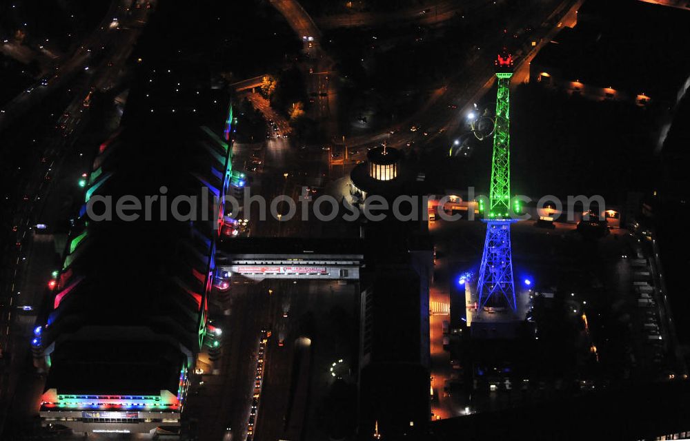 Aerial photograph at night Berlin - Nachtaufnahme: Sicht auf das beleuchtete Messegelände mit dem ICC Konfesscenter am Funkturm anlässlich des Festival Of Lights 2010 in Berlin. Nightshot: View to the illuminated exhibition ground with the Radio Tower Berlin in celebration of the Festival Of Lights 2010.