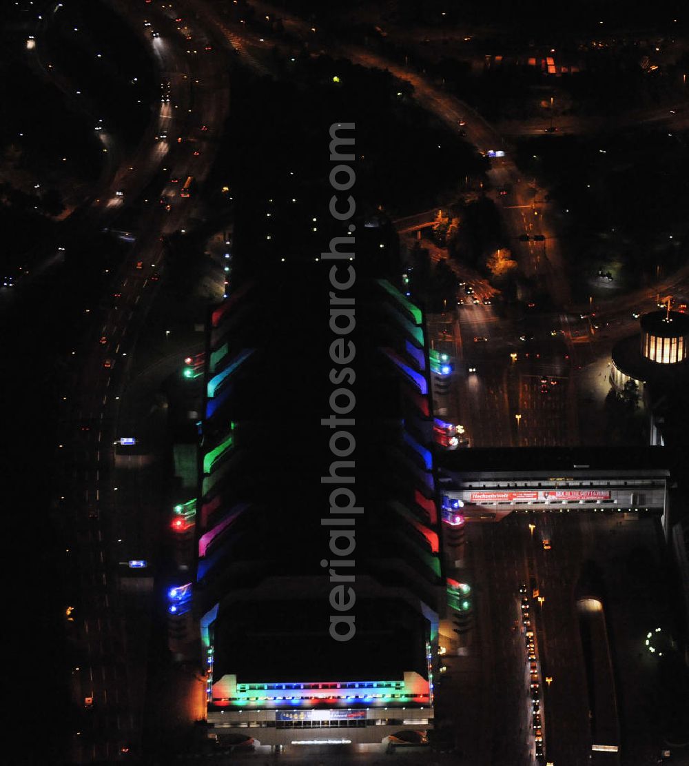 Berlin at night from above - Nachtaufnahme: Sicht auf das beleuchtete Messegelände mit dem ICC Konfesscenter am Funkturm anlässlich des Festival Of Lights 2010 in Berlin. Nightshot: View to the illuminated exhibition ground with the Radio Tower Berlin in celebration of the Festival Of Lights 2010.