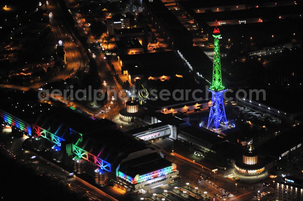 Aerial photograph at night Berlin - Nachtaufnahme: Sicht auf das beleuchtete Messegelände mit dem ICC Konfesscenter am Funkturm anlässlich des Festival Of Lights 2010 in Berlin. Nightshot: View to the illuminated exhibition ground with the Radio Tower Berlin in celebration of the Festival Of Lights 2010.