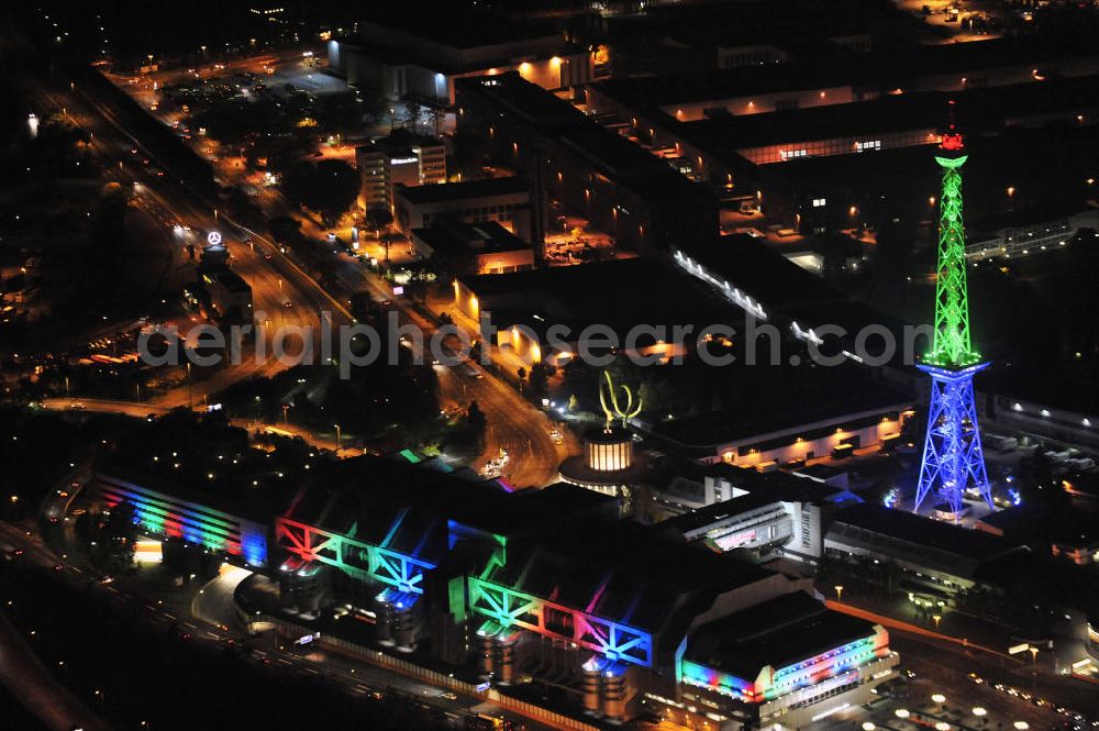 Aerial image at night Berlin - Nachtaufnahme: Sicht auf das beleuchtete Messegelände mit dem ICC Konfesscenter am Funkturm anlässlich des Festival Of Lights 2010 in Berlin. Nightshot: View to the illuminated exhibition ground with the Radio Tower Berlin in celebration of the Festival Of Lights 2010.