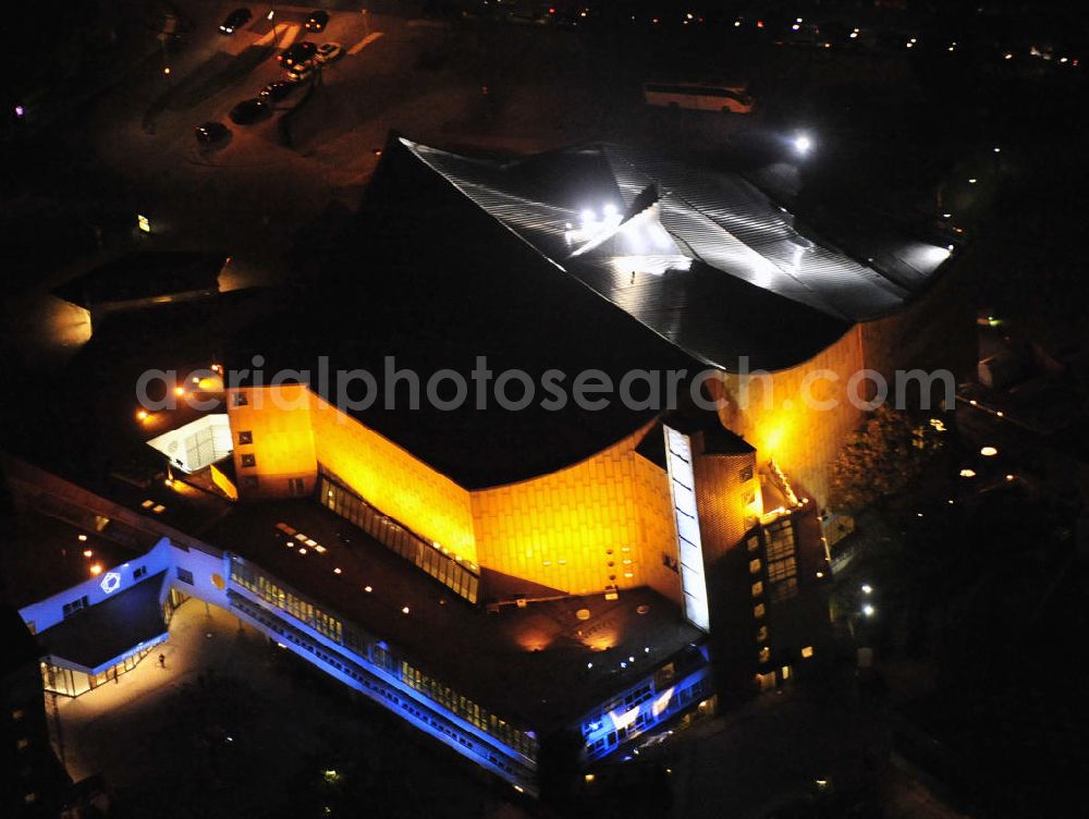 Berlin at night from above - Nachtaufnahme: Sicht auf die beleuchtete Philharmonie am Potsdamer Platz anlässlich des Festival Of Lights 2010 in Berlin. Nightshot: View to the illuminated philharmonic hall in the city centre of Berlin in celebration of the Festival Of Lights 2010.