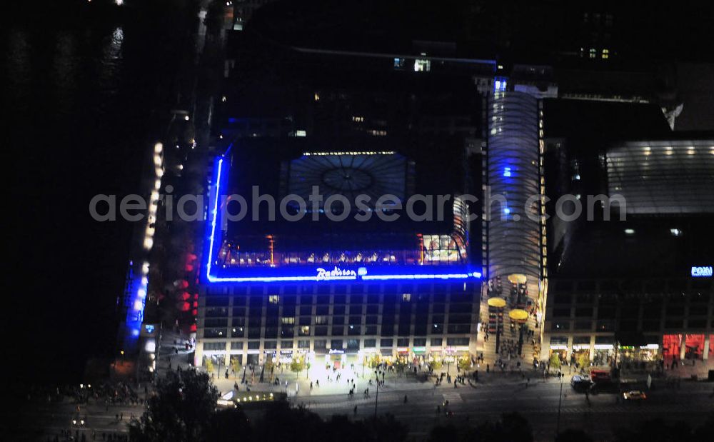 Aerial photograph at night Berlin - View of the Sea Life Aquarium and the Radisson Blu Hotel at the Karl-Liebknecht-Straße in Berlin-Mitte