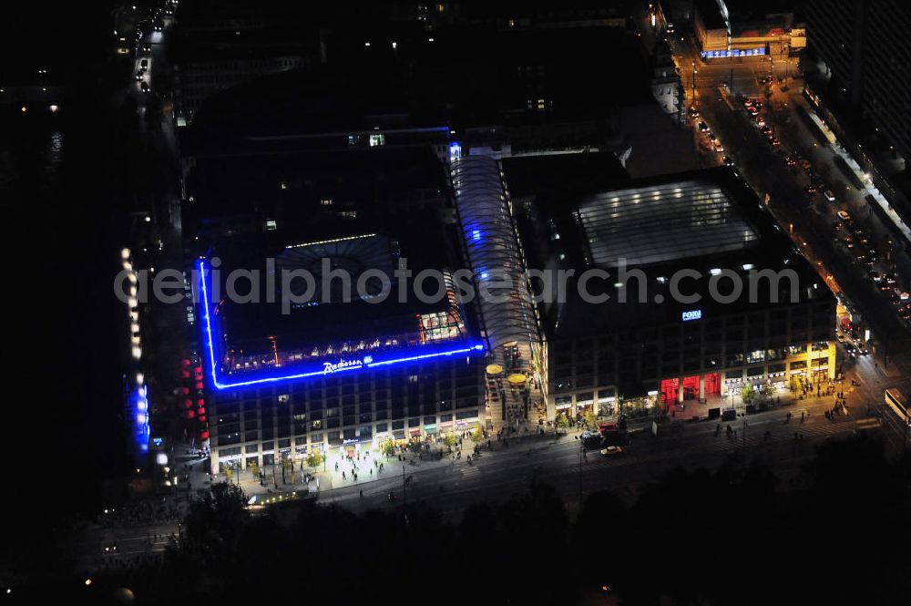 Aerial image at night Berlin - View of the Sea Life Aquarium and the Radisson Blu Hotel at the Karl-Liebknecht-Straße in Berlin-Mitte