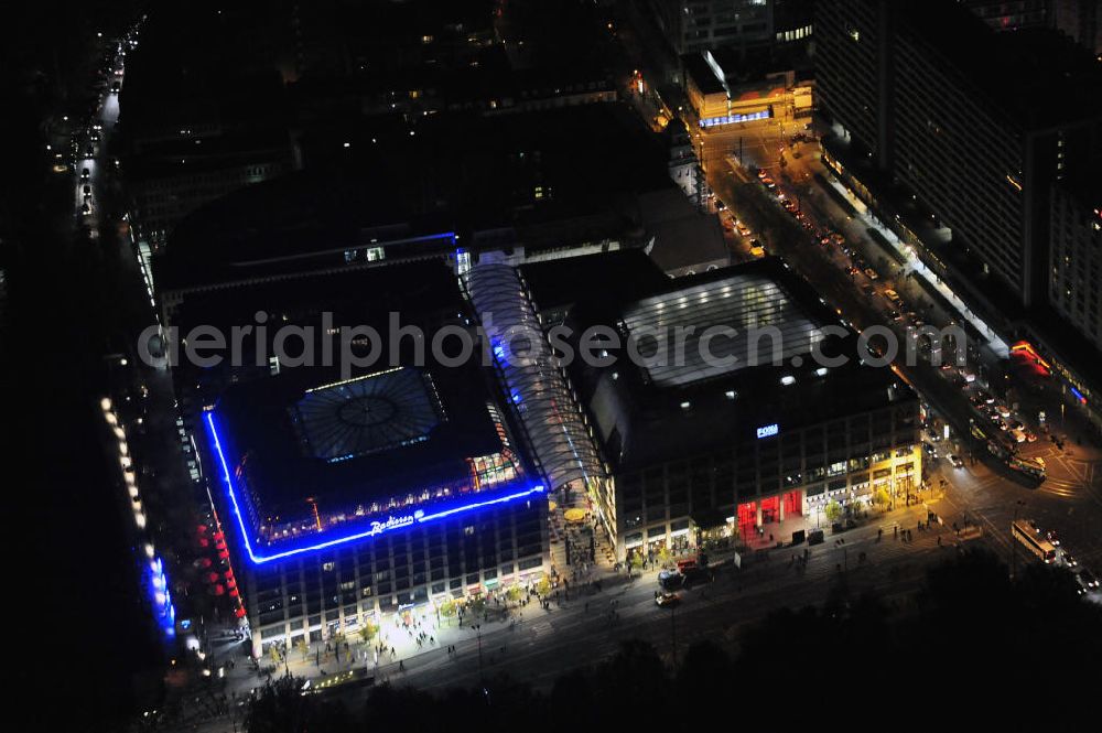 Berlin at night from above - View of the Sea Life Aquarium and the Radisson Blu Hotel at the Karl-Liebknecht-Straße in Berlin-Mitte