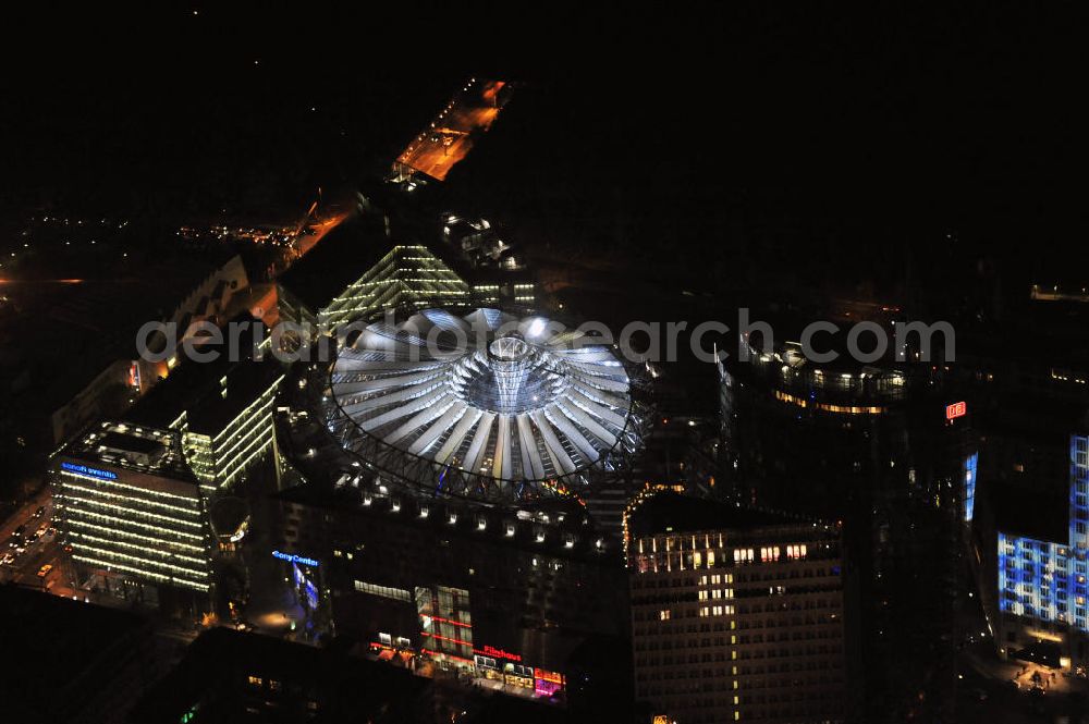 Aerial photograph at night Berlin - Nachtaufnahme: Sicht auf das Kaufhaus Sony Center am Potsdamer Platz anlässlich des Festival Of Lights 2010 in Berlin. Nightshot: View to the department store Sony Center at the Potsdamer Platz in celebration of the Festival Of Lights 2010 in Berlin.