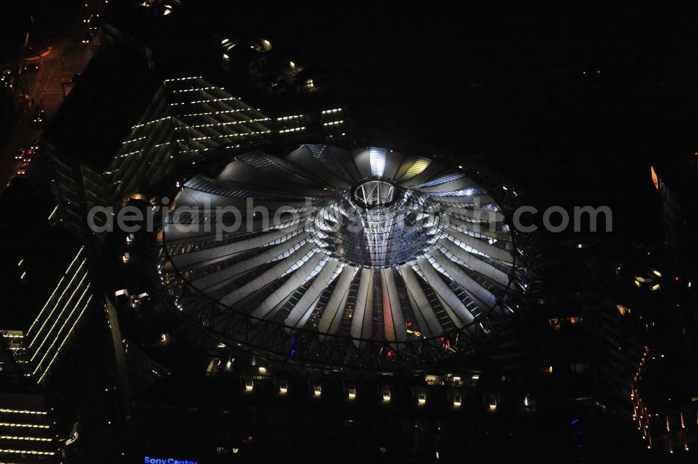 Berlin at night from above - Nachtaufnahme: Sicht auf das Kaufhaus Sony Center am Potsdamer Platz anlässlich des Festival Of Lights 2010 in Berlin. Nightshot: View to the department store Sony Center at the Potsdamer Platz in celebration of the Festival Of Lights 2010 in Berlin.