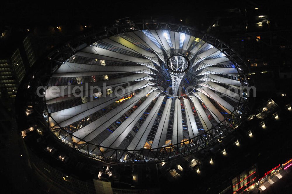 Aerial photograph at night Berlin - Nachtaufnahme: Sicht auf das Kaufhaus Sony Center am Potsdamer Platz anlässlich des Festival Of Lights 2010 in Berlin. Nightshot: View to the department store Sony Center at the Potsdamer Platz in celebration of the Festival Of Lights 2010 in Berlin.