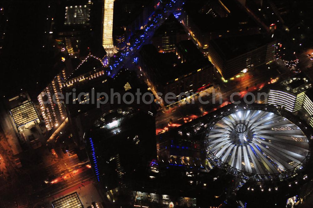 Aerial image at night Berlin - Nachtaufnahme: Sicht auf das Kaufhaus Sony Center am Potsdamer Platz anlässlich des Festival Of Lights 2010 in Berlin. Nightshot: View to the department store Sony Center at the Potsdamer Platz in celebration of the Festival Of Lights 2010 in Berlin.