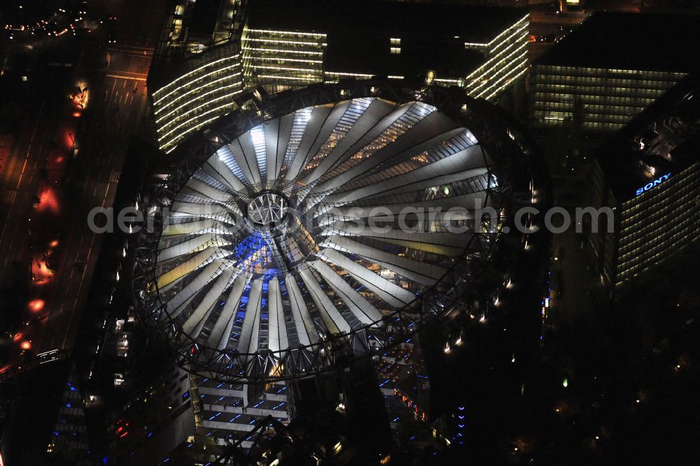 Aerial photograph at night Berlin - Nachtaufnahme: Sicht auf das Kaufhaus Sony Center am Potsdamer Platz anlässlich des Festival Of Lights 2010 in Berlin. Nightshot: View to the department store Sony Center at the Potsdamer Platz in celebration of the Festival Of Lights 2010 in Berlin.