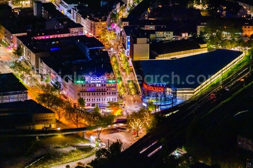 Aerial photograph at night Bochum - Night lighting the grounds of the Bermuda Triangle in Bochum's entertainment district with restaurants and clubs overlooking the central station in the inner city in Bochum in North Rhine-Westphalia