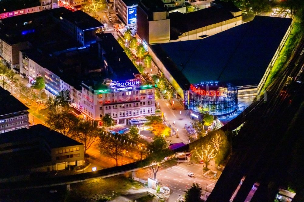 Bochum at night from above - Night lighting the grounds of the Bermuda Triangle in Bochum's entertainment district with restaurants and clubs overlooking the central station in the inner city in Bochum in North Rhine-Westphalia