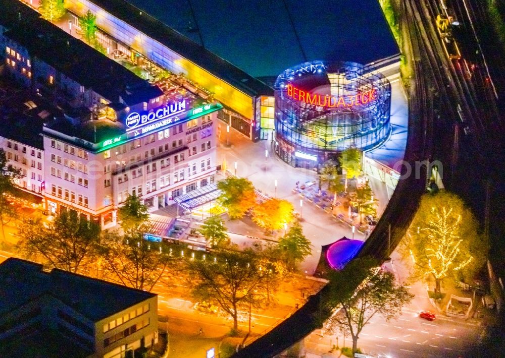 Aerial photograph at night Bochum - Night lighting the grounds of the Bermuda Triangle in Bochum's entertainment district with restaurants and clubs overlooking the central station in the inner city in Bochum in North Rhine-Westphalia