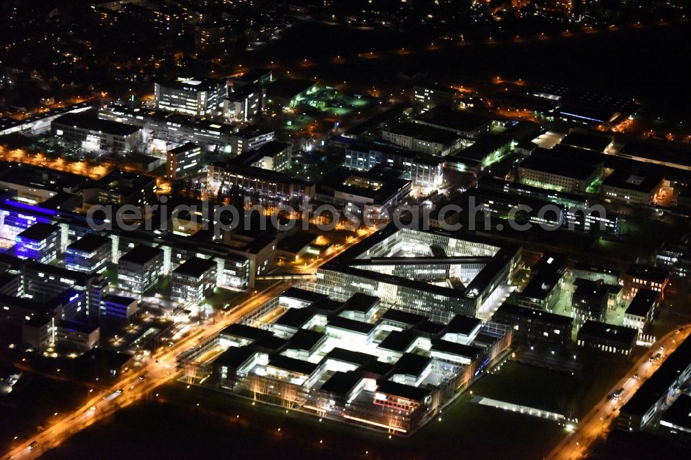 Aerial image at night Unterföhring - Night Aerial view Office building - Ensemble Allianz Germany AG on the Diesel street in Munich Unterfoehring in Bavaria